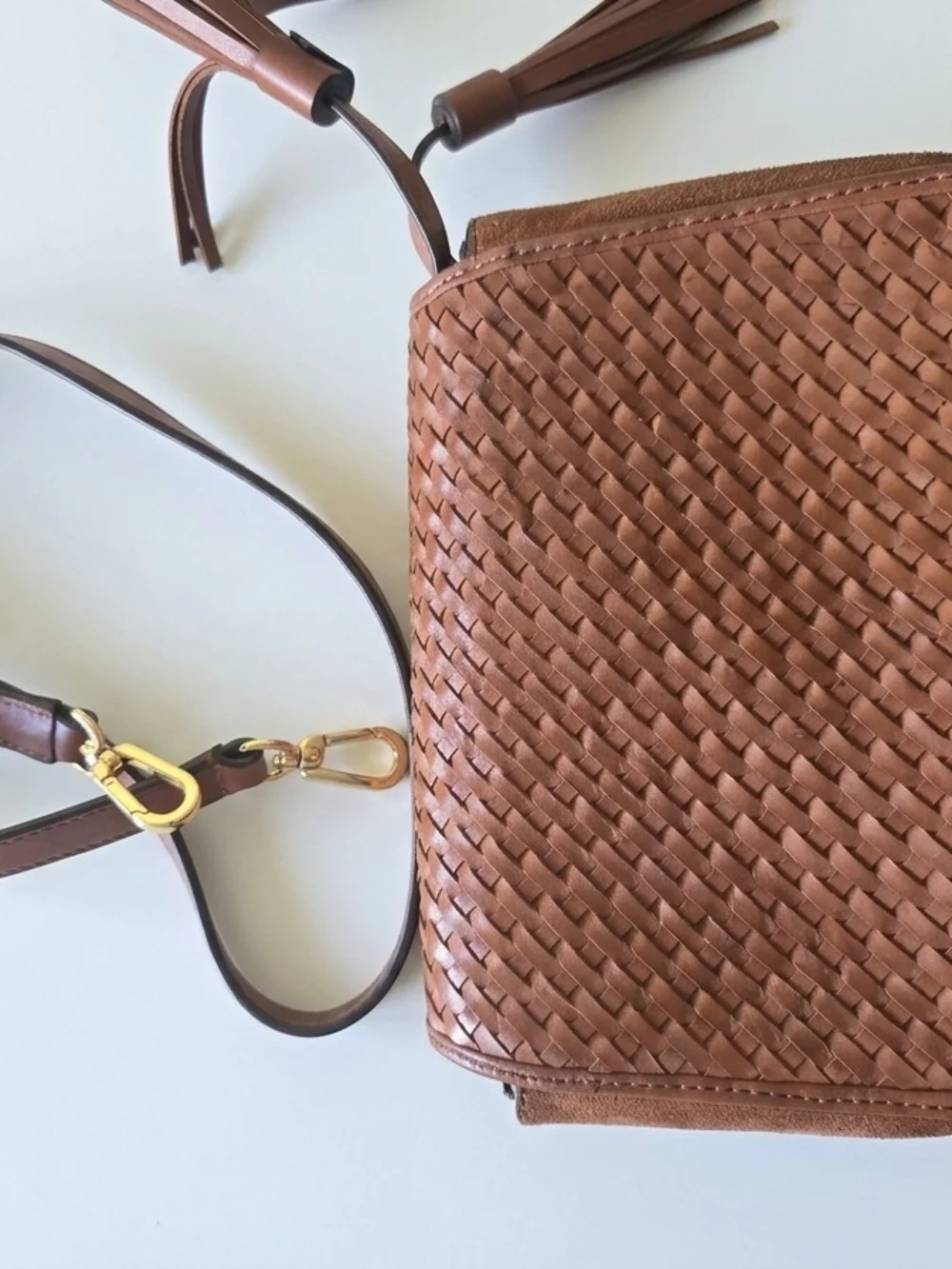 Tory Burch Woven Leather Crossbody in Cognac Brown with Gold Hardware